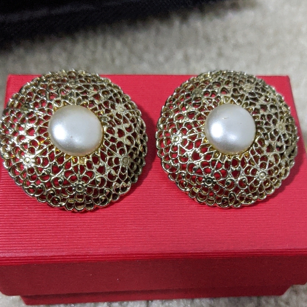 Vintage Statement Gold Earrings with Pearl Accents Pierced Back